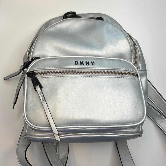 DKNY Metallic Silver Mini Backpack w/ Black Chain Details, NWOT! - Picture 2 of 10